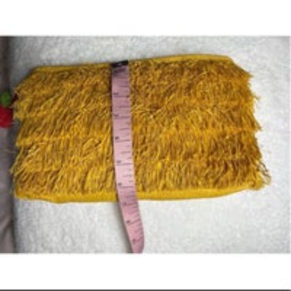 Women's Yellow Fringe Straw Clutch Small Bag Cherry Pom Poms Zip Close - Picture 7 of 7